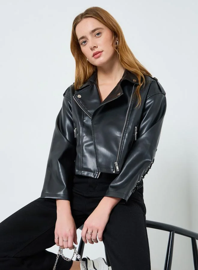 Take Two Women Black Faux Leather Lace-Up Jacket